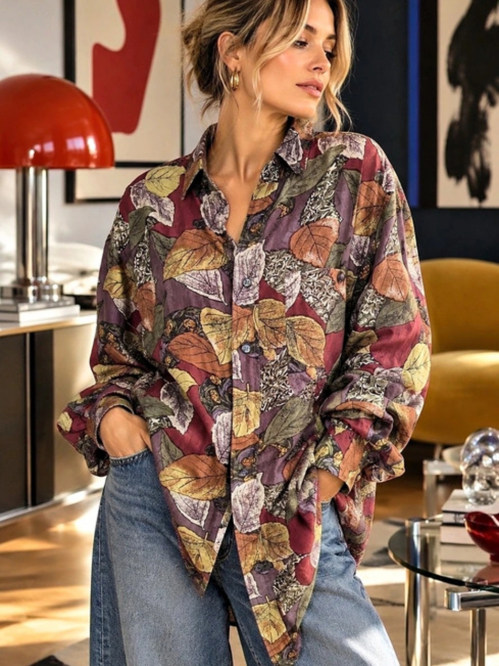 CEDRAS 100% Silk Leaf Print Blouse L | Vintage 90s Oversized Shirt